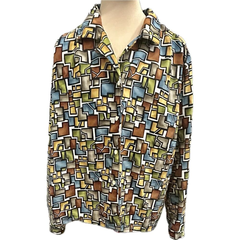 Vintage 80s Geometric Abstract Print Button Up Blouse | Art Teacher Modernist L